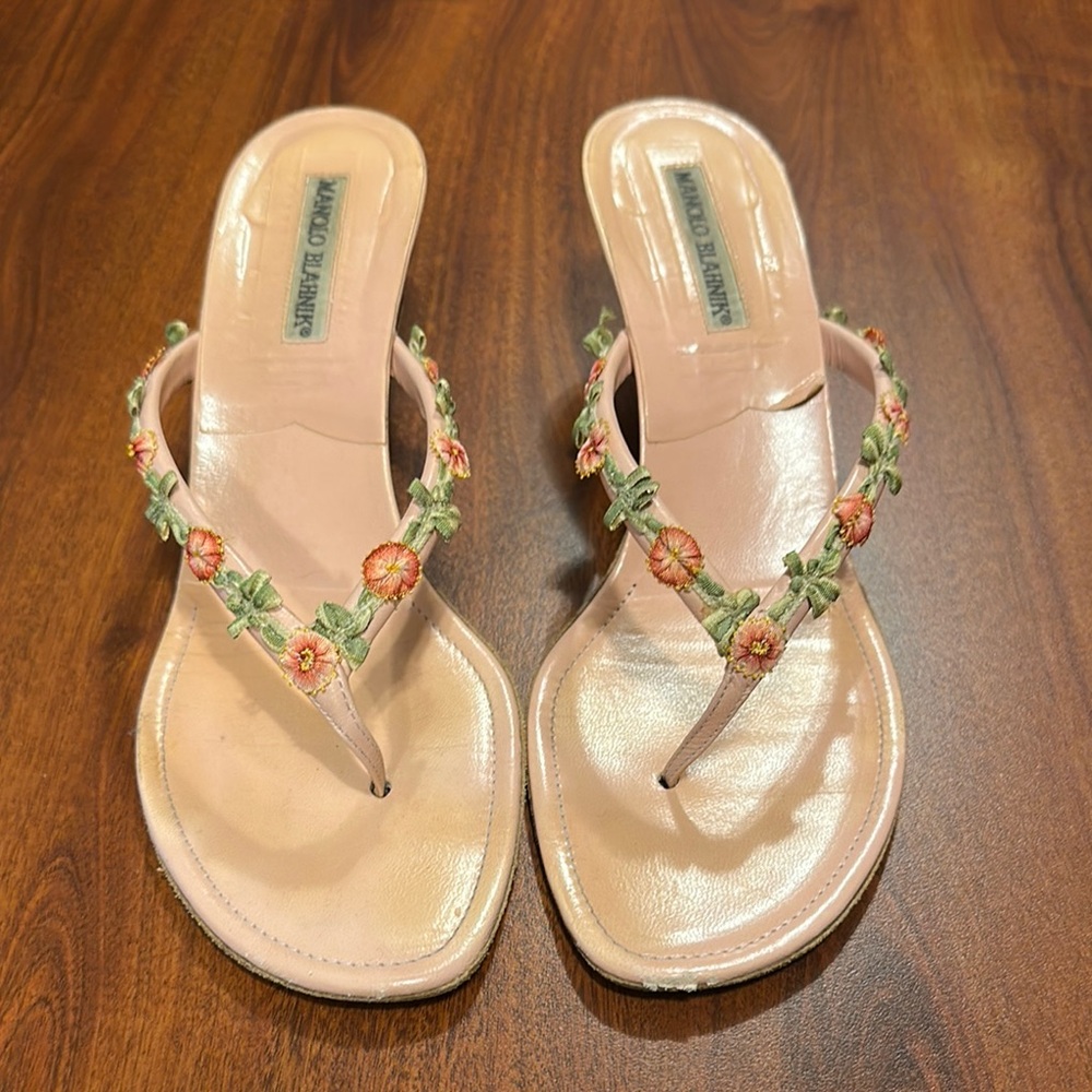 Manolo Blahnik Pink Kitten Heel Sandals with Ornate Design